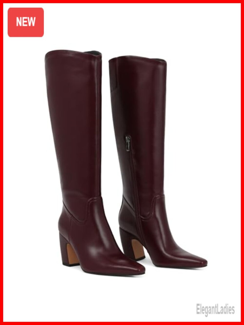 Wide Calf Knee High Boots Square Toe Chunky Block Heel PU Leather Women's